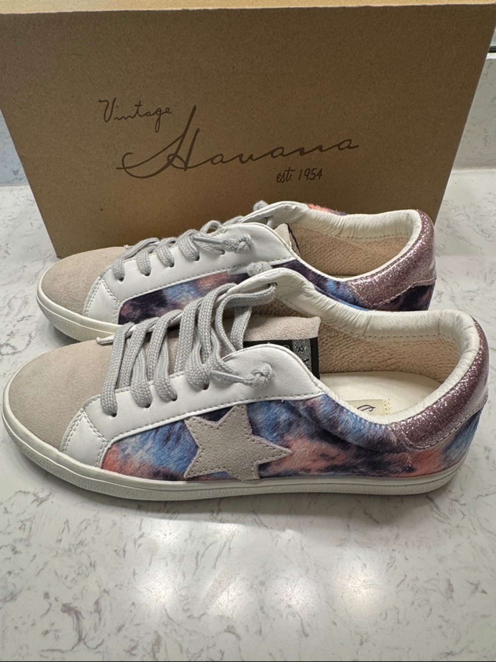 Vintage Havana White Sneakers with Tie-Dye Panels and Pink Metallic Heel